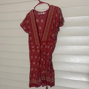 TEMOFON Red Boho Floral Mini Dress XL Deep V, Drawstring Waist, Border Hem NWOT